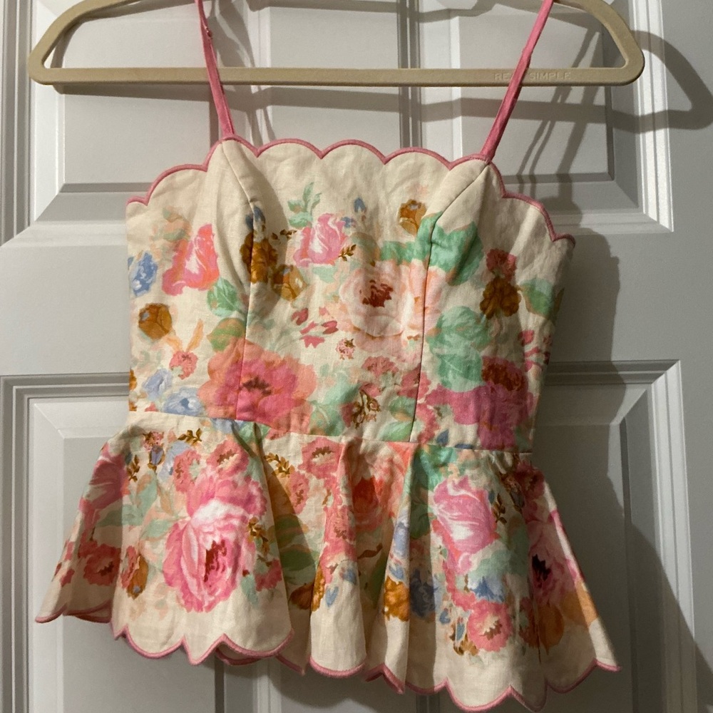 Zimmermann Raie Floral Pink Peplum Top Sz 0P